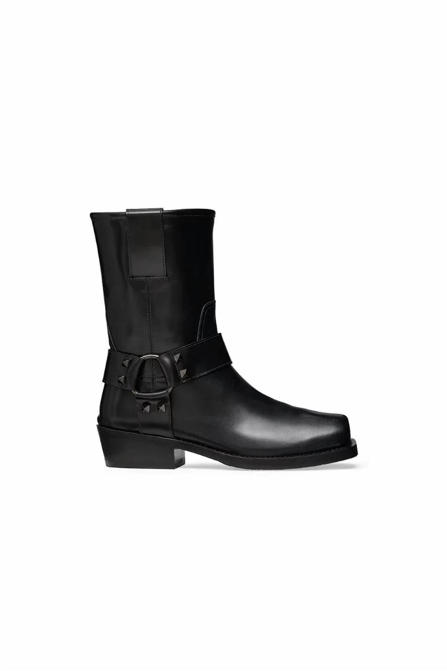 NEW VALENTINO GARAVANI women's rock stud 40mm calfskin biker ankle boots in blac